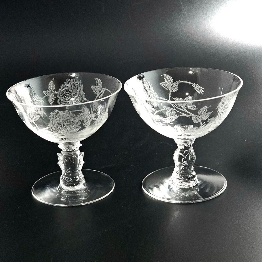 2 Heisey Rose Champagne Coupes 4.5" crystal vtg 1950s romantic vintage romance c
